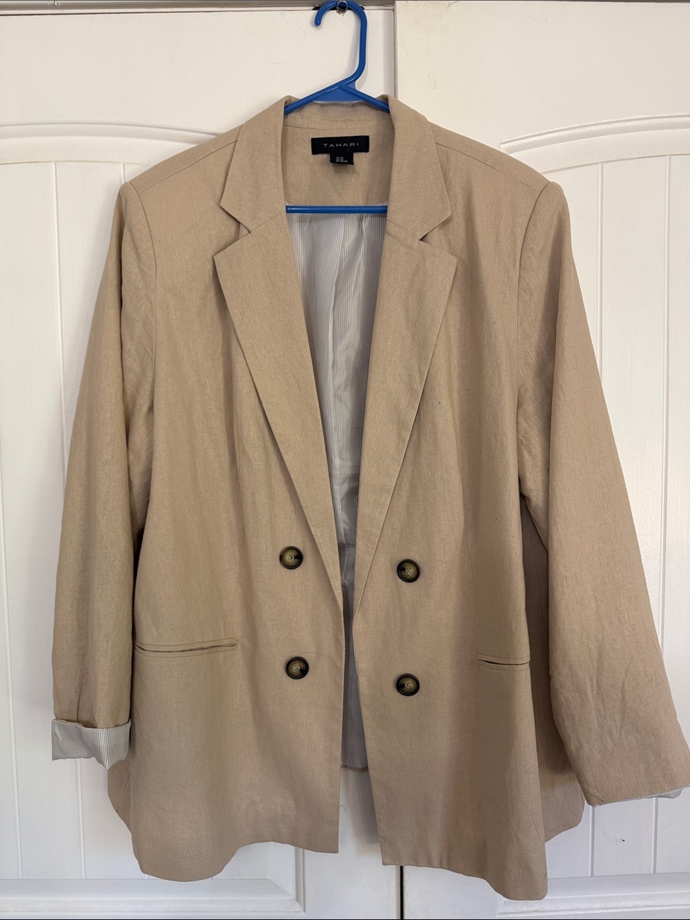 Tahari Beige Linen Lightweight Double-Breasted Blazer